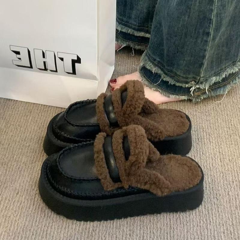 Женщины носят пушистые тапочки новые осенне-зимние плюшевые сноубутсы сумка голова полутапочки хлопковые мопы толстая подошва