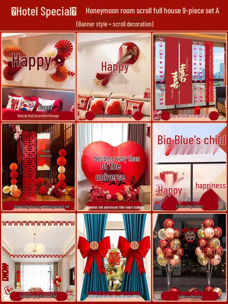 Bridal Wedding Room Decoration Set with No-Trace Double Happiness for Hotels and Living Rooms