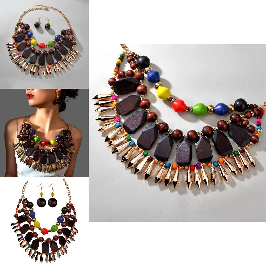 Unique Irregular Wooden Bead Necklace And Earrings Set With Sparkling Rhinestones For Summer Outfits
