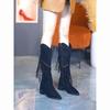 Fashion Chunky Heel Retro Pointed Tassel Fashion Boots Shoes Women Fashion Western Cowboy Boots But Knee High Heeled Brown Long Boots