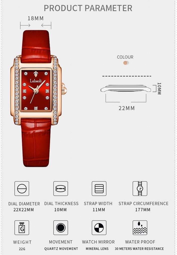 Часы с квадратным кожаным ремешком и бриллиантами на руку, маленькие стильные водонепроницаемые, простые, деловые, брендовые, милые, повседневные, роскошные, подарочные, красные часы для женщин