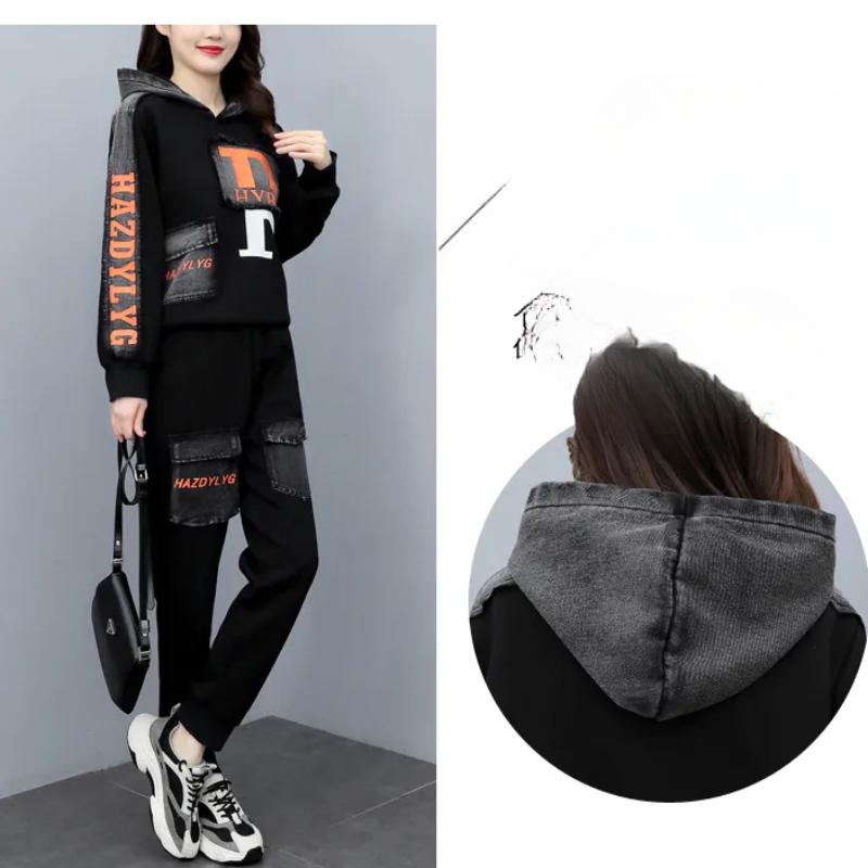 Женский осенне-зимний модный костюм большого размера из двух частей - на бархатной подкладке, свободного кроя с джинсовой пэчворк-отделкой