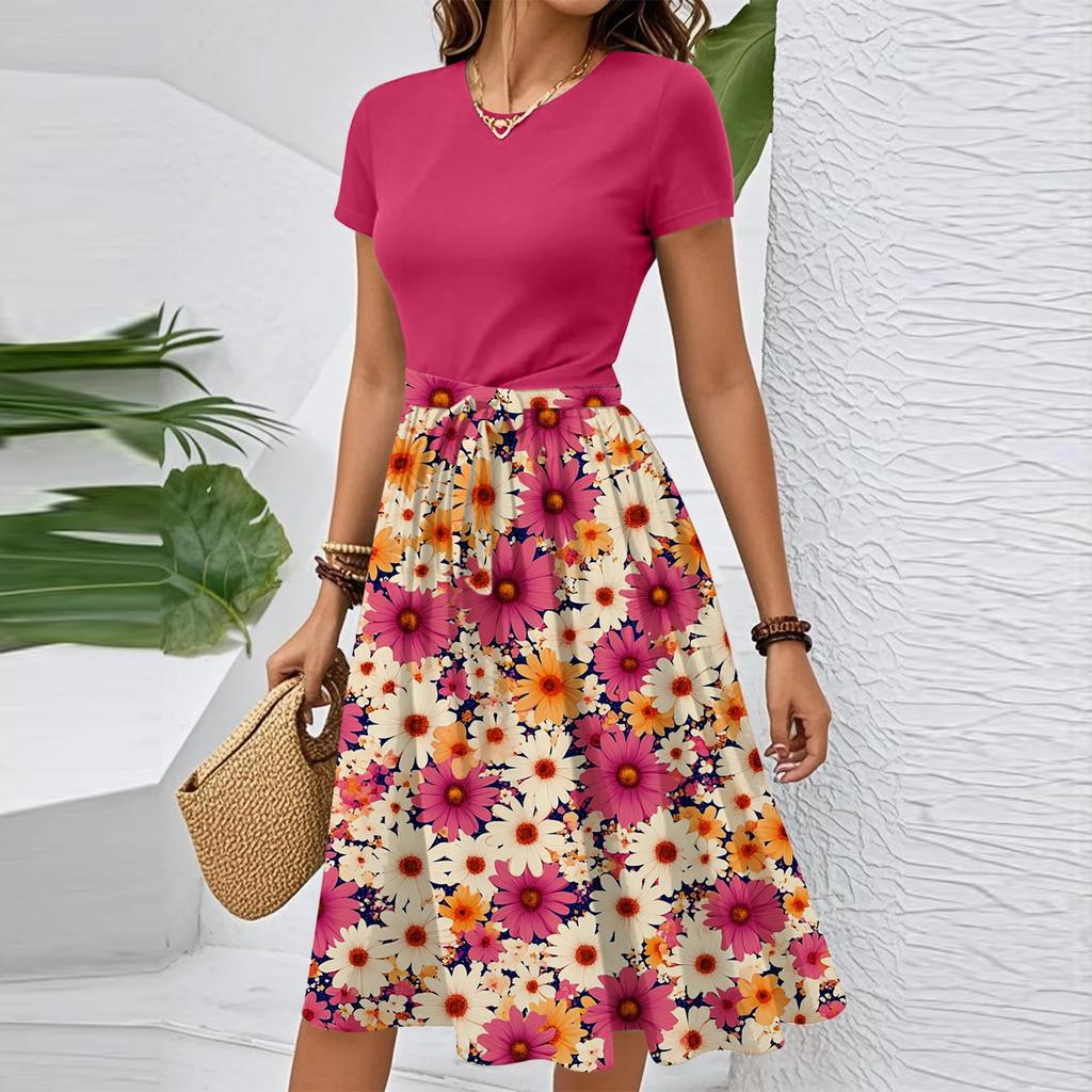 Женское повседневное модное элегантное платье с поясом и цветочным принтом, коротким рукавом и круглым вырезом