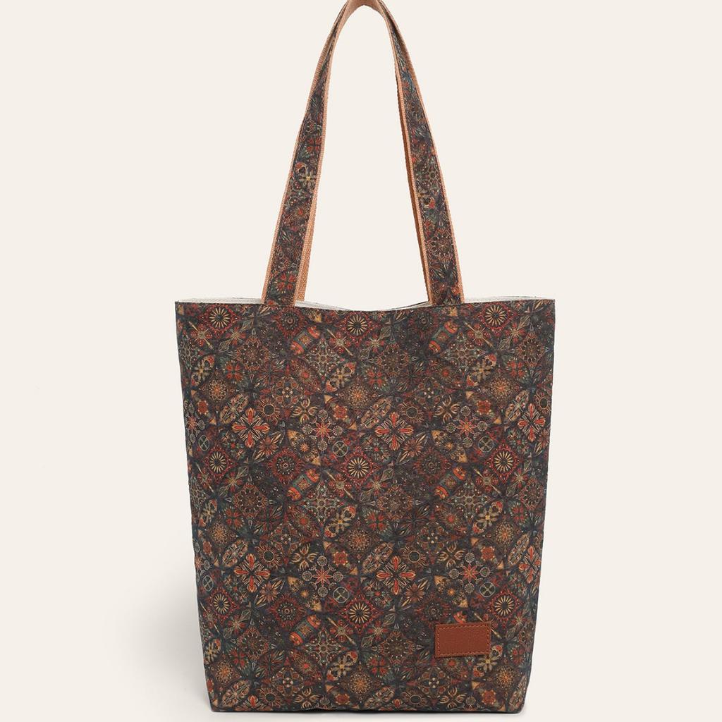 Fashion multi-element casual retro print eco-friendly cork shoulder tote bag bohemian commuter bag shopping bag