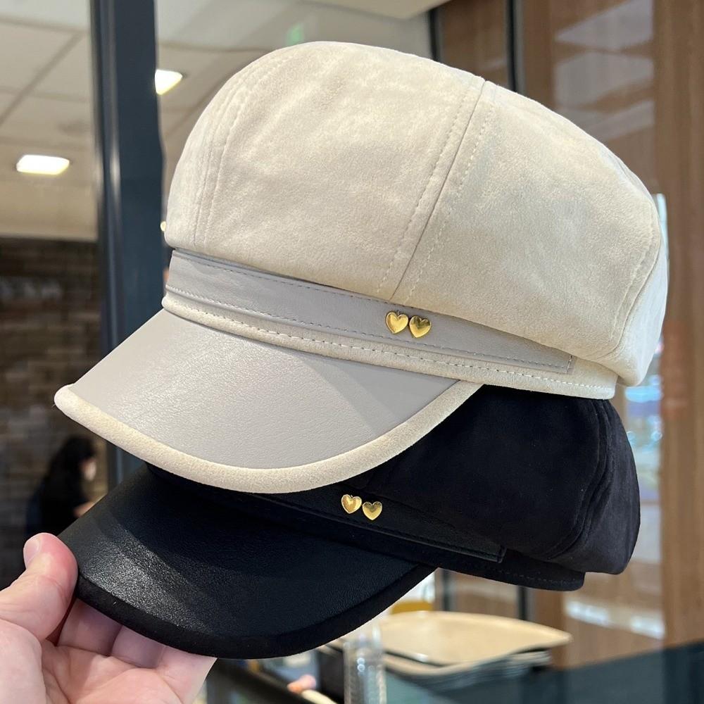 New Faux Leather Women's Octagonal Newsboy Cap Love Spliced Baker Boy Hat Sun-Shading Brim Duckbill Cap Fall Winter Wear