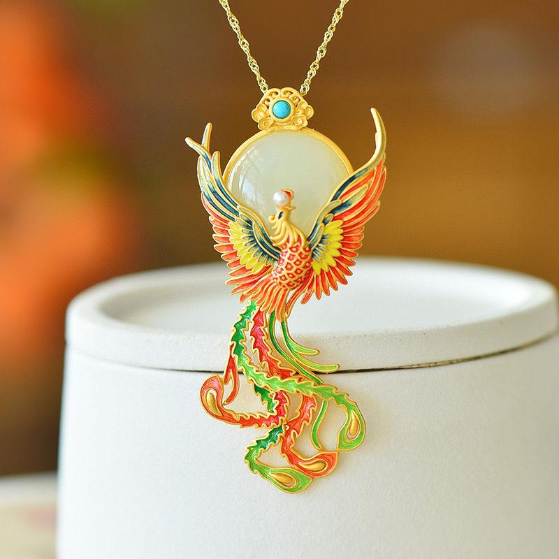 Colorful Enamel Phoenix Brooches for Women Natural Hotan Jade Broche Pendant Classical Court Style Luxury Brooch Jewelry