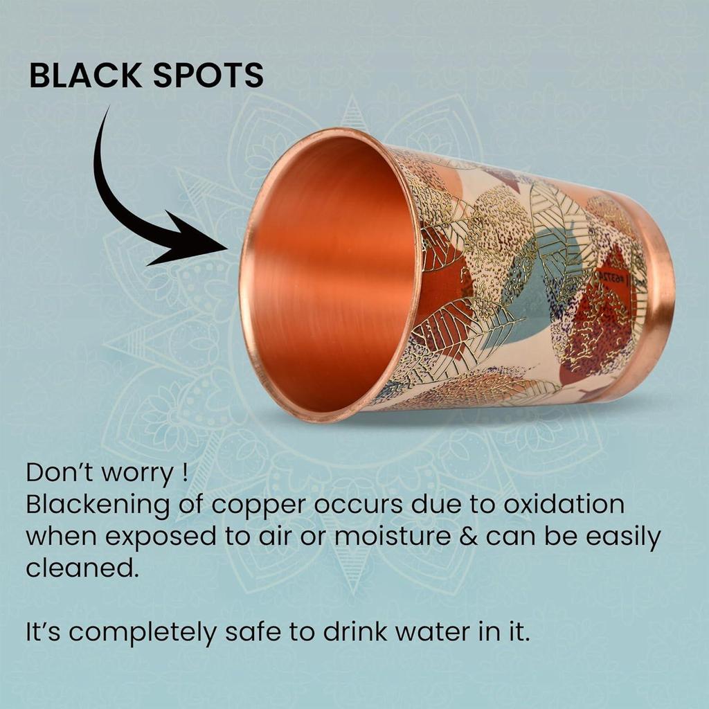 India Copper Premium Yellow Gold Leaf Design Set of Two Glass with Elegant Gift Box, 250 ML