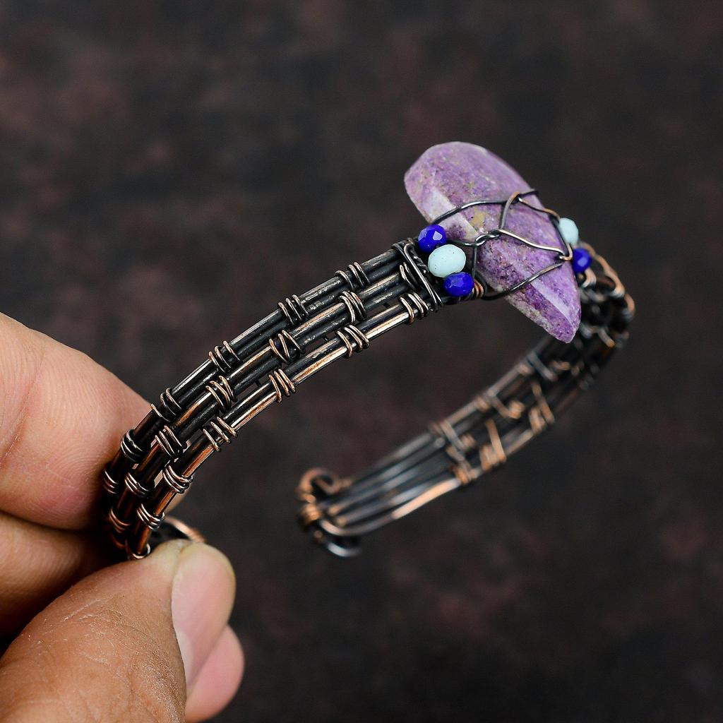 Браслет-манжета из пурпурита Синий халцедон и лазурит Бусы Браслет Медная проволока Обернутые каменные украшения Регулируемый браслет Браслет ручной работы
