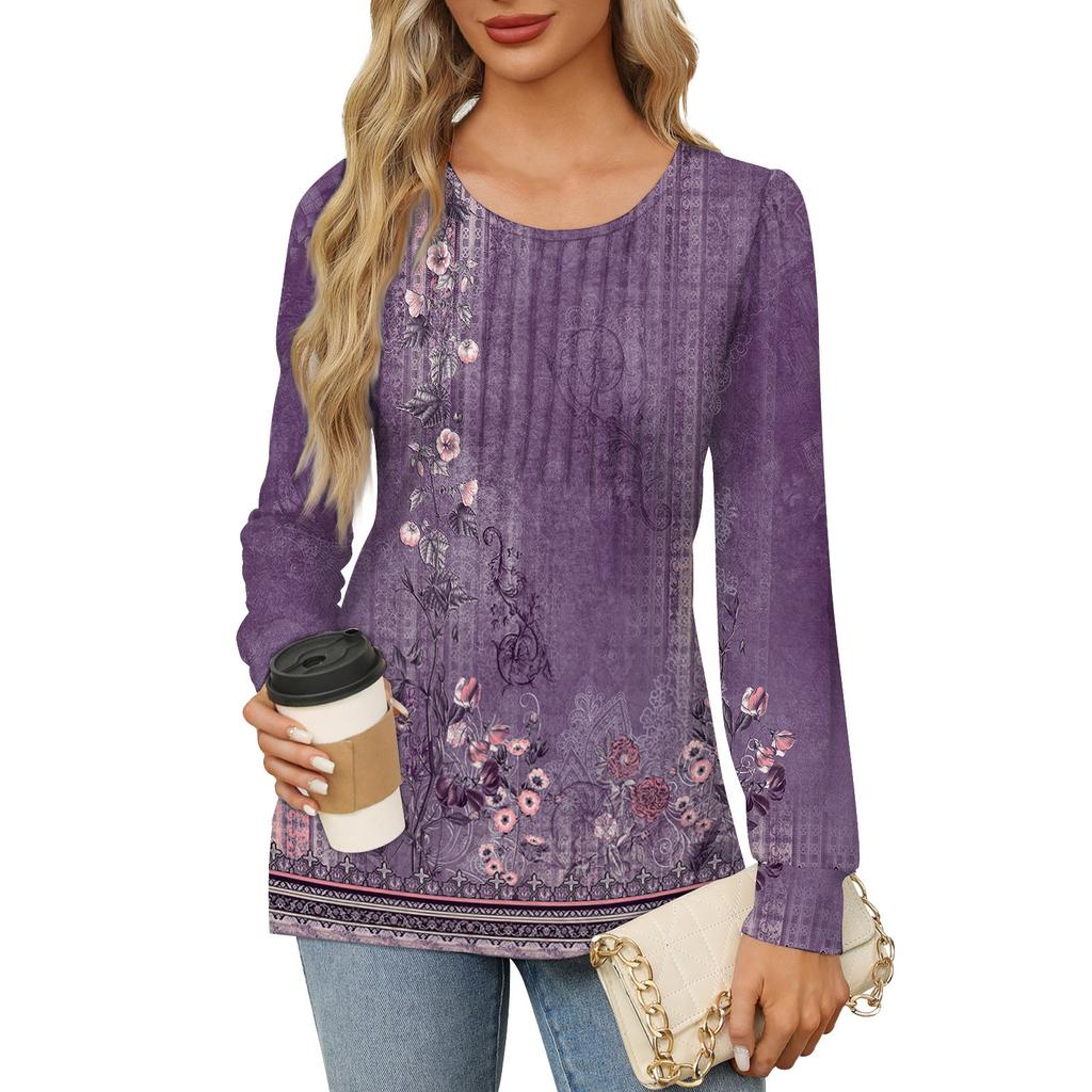 Женская повседневная плиссированная футболка с круглым вырезом и длинными рукавами с принтом