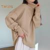 Women Sweater High Collar Long Sleeve Ribbed Trim Pullover Tops Loose Fit Solid Color Mid-length Knitting Tops