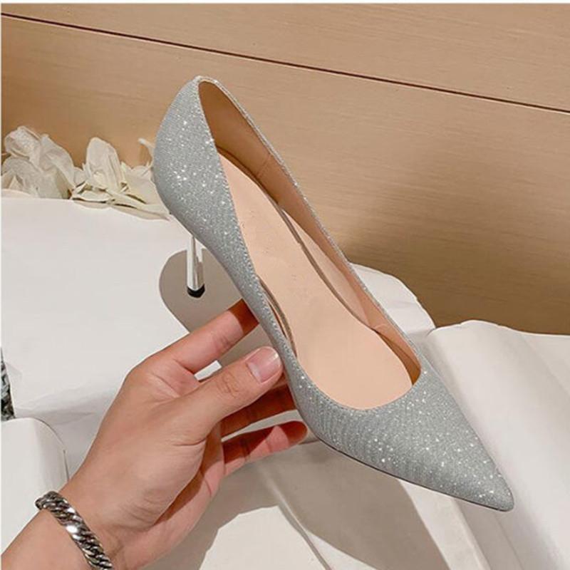Женская обувь, босоножки на высоком каблуке-шпильке с блестками и острым носком, женские элегантные светские туфли на спине Q42