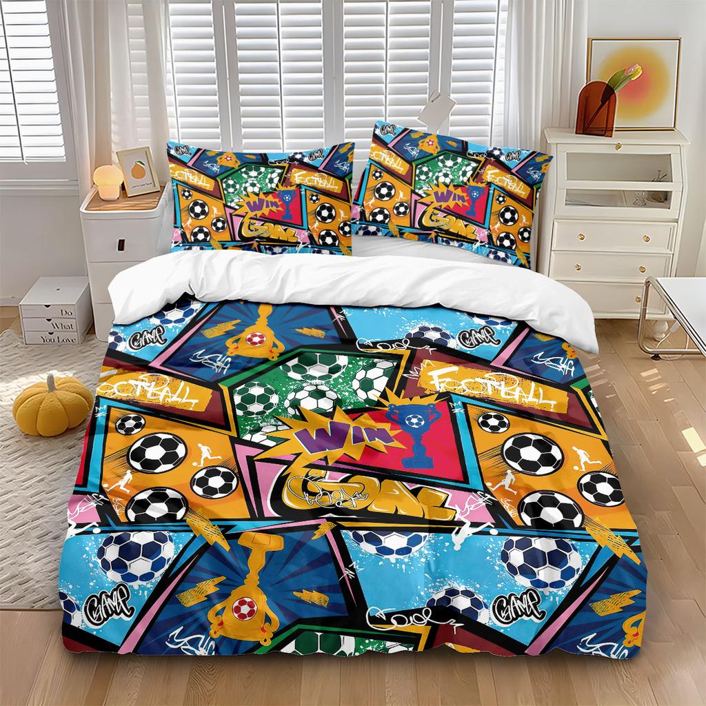 3pcs Contrasting Color Football Print Coreless Down Duvet Cover Set, Multi Size Bedroom Bedding Decoration, Machine Washable