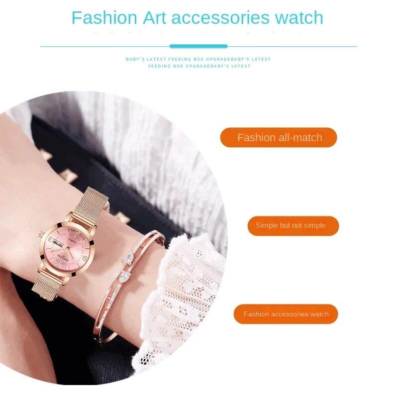 KINGNUOS кварцевые часы немеханические женские часы светящиеся водонепроницаемые двойной календарь женские наручные часы со стальным ремешком