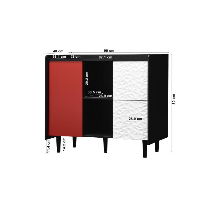 Buffet / Armoire de rangement - MUVOE - 90x40x80 cm - Rouge et noir - 2 tiroirs - MDF
