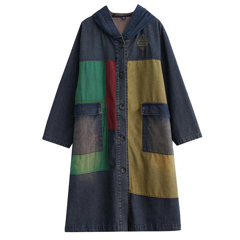 Women Modis Print Patchwork Ladies Windbreaks Oversized Autumn Denim Long Hoodies Trench Coat Casual Loose Woman Trench
