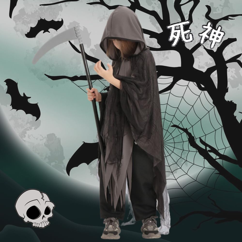 Плащ Мрачного Жнеца с косой Дьявольский Призрак Хэллоуин Косплей Костюм Милый Ужас Призрак Дом Создания Атмосферы Популярный Косплей Дети Мальчики Девочки Вечеринка