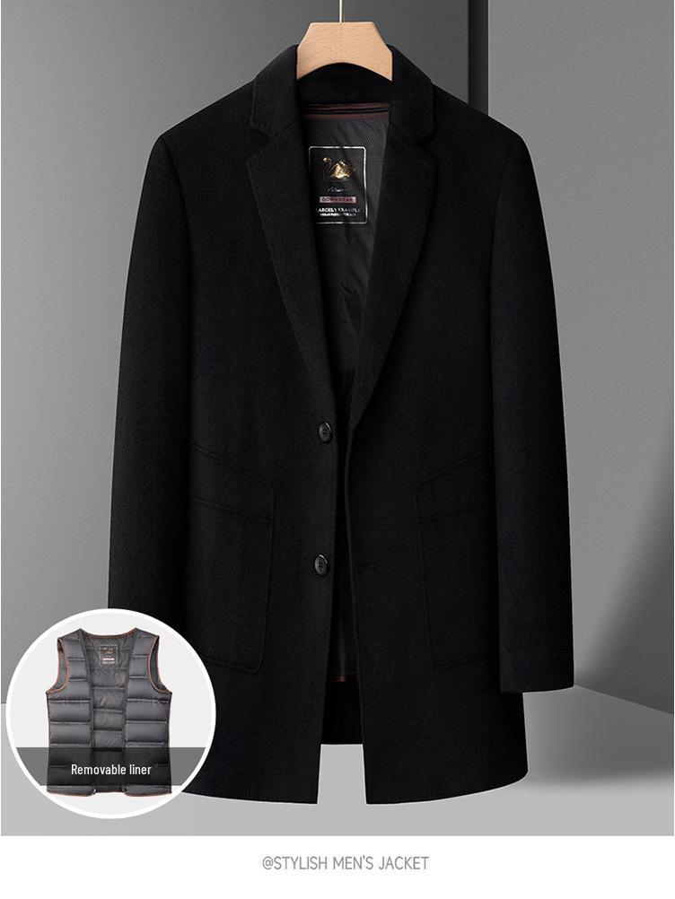 Мужское пальто средней длины премиум-класса из кашемира со съемной пуховой подкладкой и воротником-стойкой для осени/зимы.