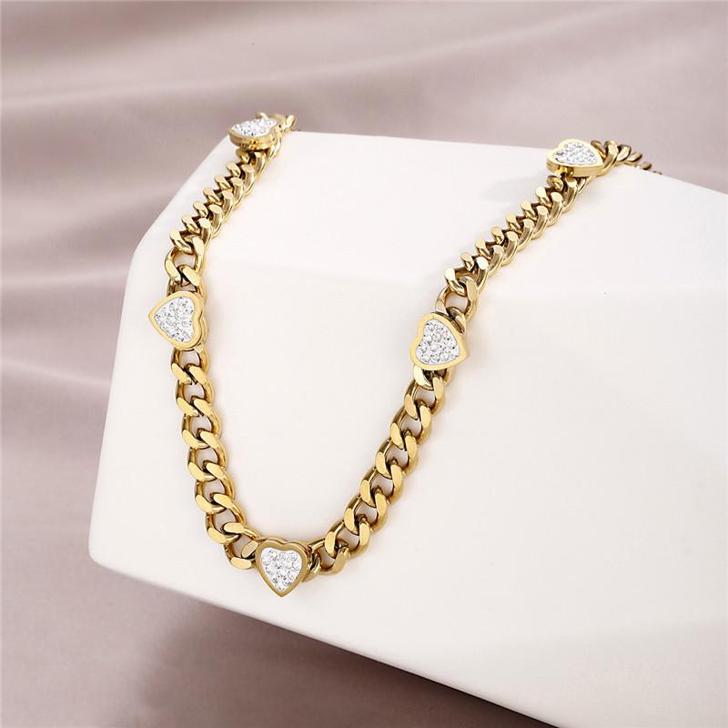 Набор украшений из нержавеющей стали 316L: Позолоченная кубинская цепь-колье и браслет со вставками из кубического циркония в форме сердца