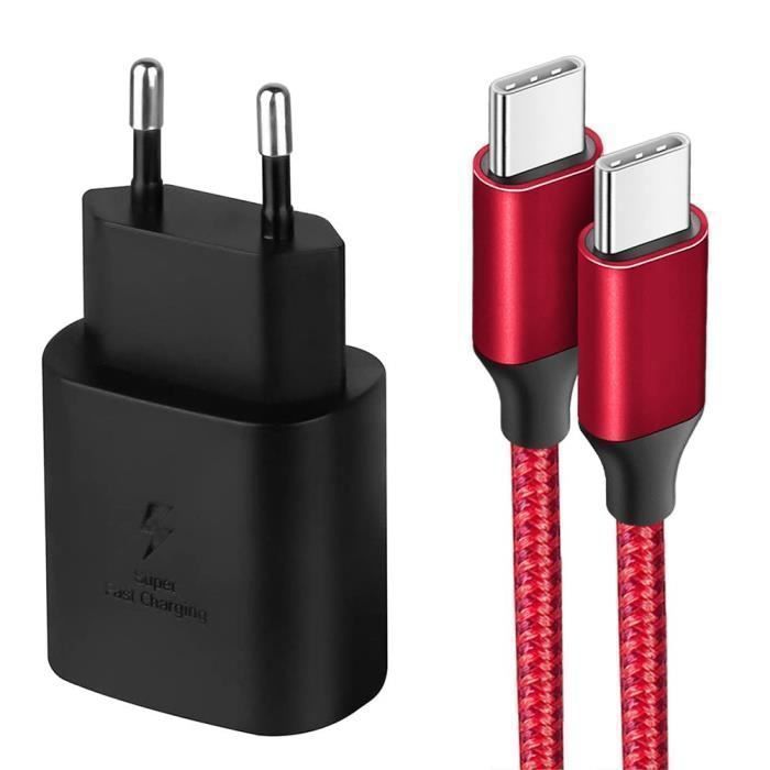 Chargeur Rapide USB-C 25W - e.F.Connection- Câble Nylon 1M - Compatible iPhone 17/16/15- Rouge/Noir