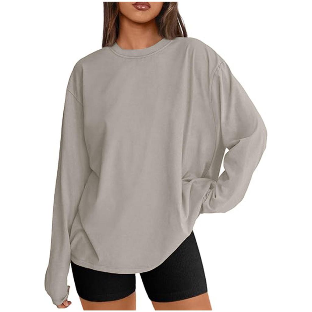 Women's Solid Color Long-Sleeve Round Neck Loose T-Shirt - Spring & Autumn Casual Top