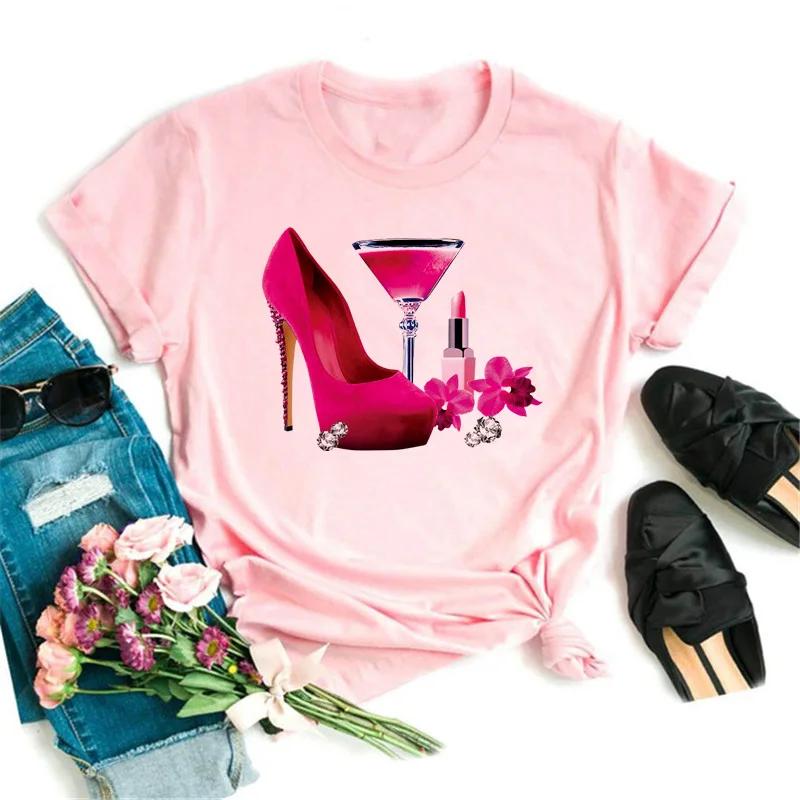 Футболки с принтом бокалов для вина Женские Летние с коротким рукавом Футболки с забавным повседневным принтом бокалов для вина Женские Черные топы Женская одежда