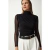 Women's Black Chiffon Sleeve Gathered Knitted Blouse Ff00146