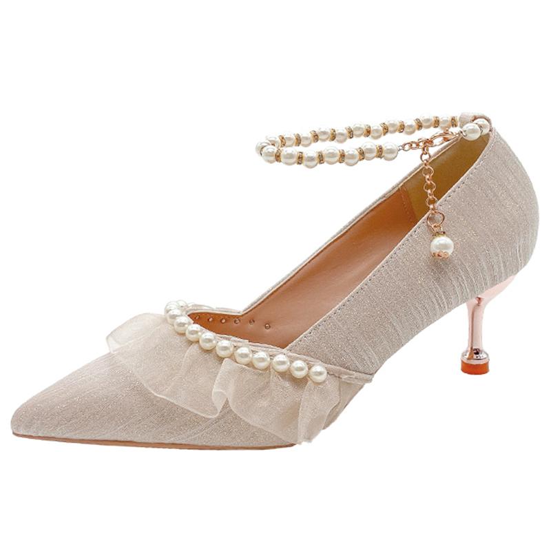 Модные туфли-лодочки на тонком каблуке с ремешком на щиколотке и жемчугом Женские сексуальные туфли с кружевной нитью и бусинами для вечеринки и свадьбы Женские туфли-лодочки на осень 2024 года с острым носком на высоком каблуке