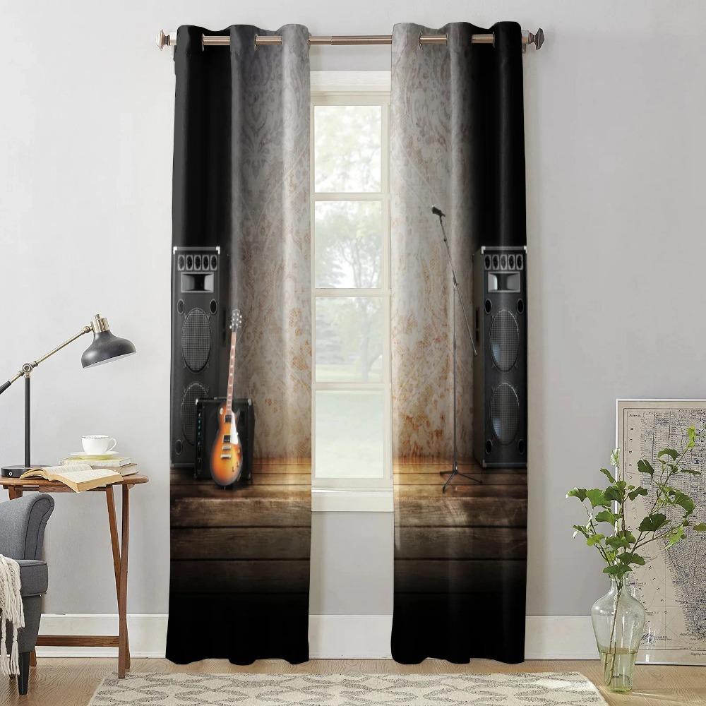 2 панели cortinas Музыка Сцена Динамик Гитара Окна Шторы Гостиная Спальня Оконные украшения Бытовая Кухня Шторы