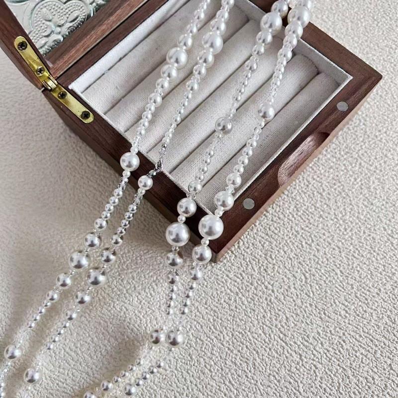 Vintage Layered Cream Pearl Long Necklace Women Handmade Double Chain Geometric Design Winter Fashion