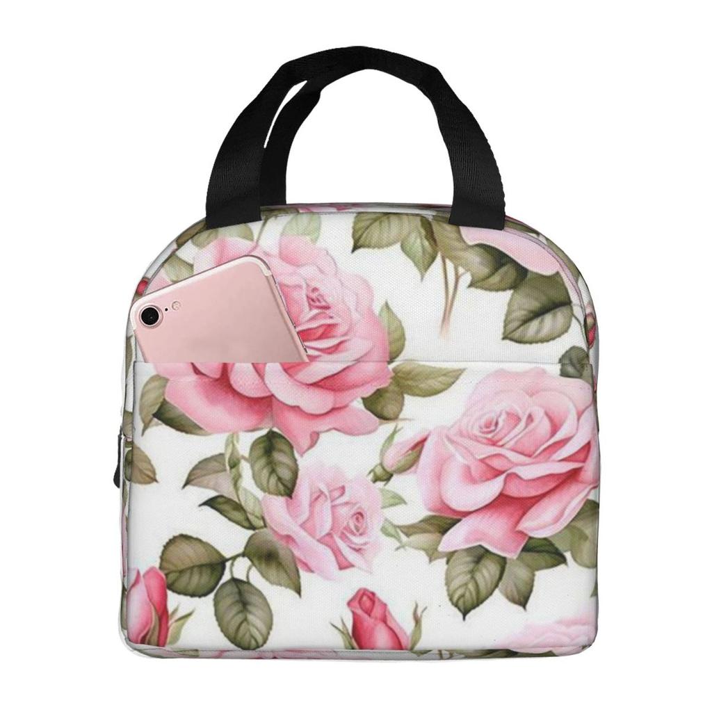 Pink Rose Watercolor Pattern Insulated Lunch Bag for Women Kids Portable Food Boxes Thermal Lunch Box Tote