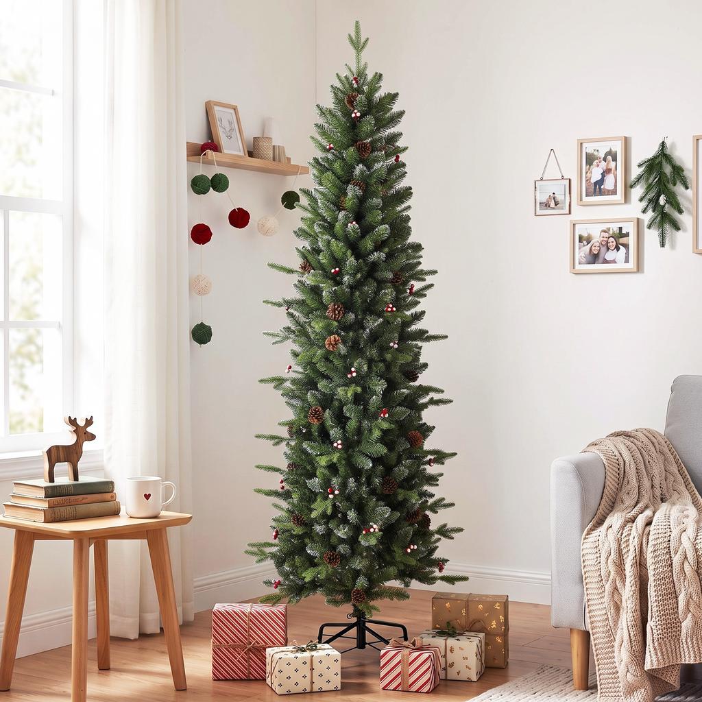 Slim Gracious Pine Xmas Tree, 6ft/180cm Artificial Christmas Tree with 688 Branch Tips, Foldable Steel Stand, Green