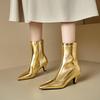 Autumn and Winter Gold Women's Fashion Boots Solid Color Rubber Sole Pointed Middle Heel Large Size Women's Boots Zipper Stiletto Medium Boots