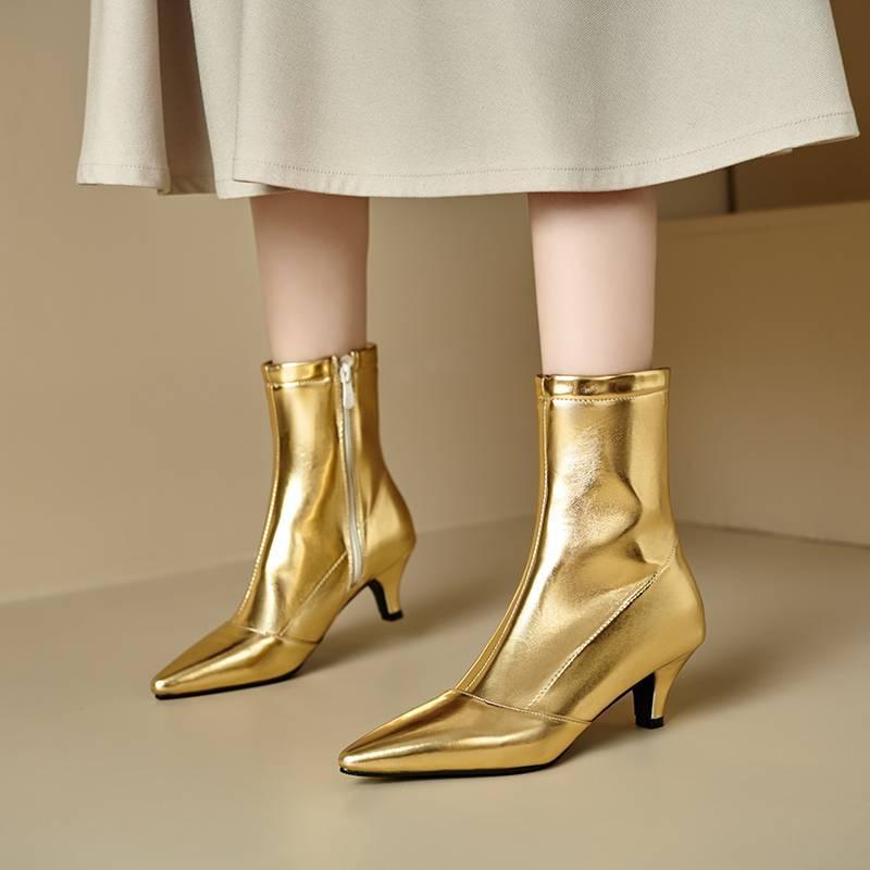 Autumn and Winter Gold Women's Fashion Boots Solid Color Rubber Sole Pointed Middle Heel Large Size Women's Boots Zipper Stiletto Medium Boots
