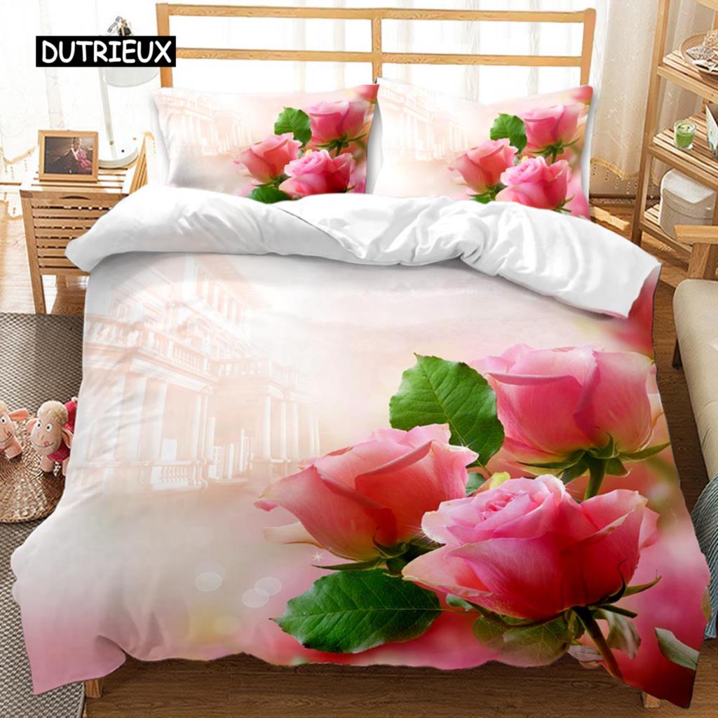Комплект постельного белья Rose Duvet Set из микрофибры Pink Heart Rose Romantic Flower Tema Комплект постельного белья для влюбленных Double Queen King Size Покрывало для пододеяльника