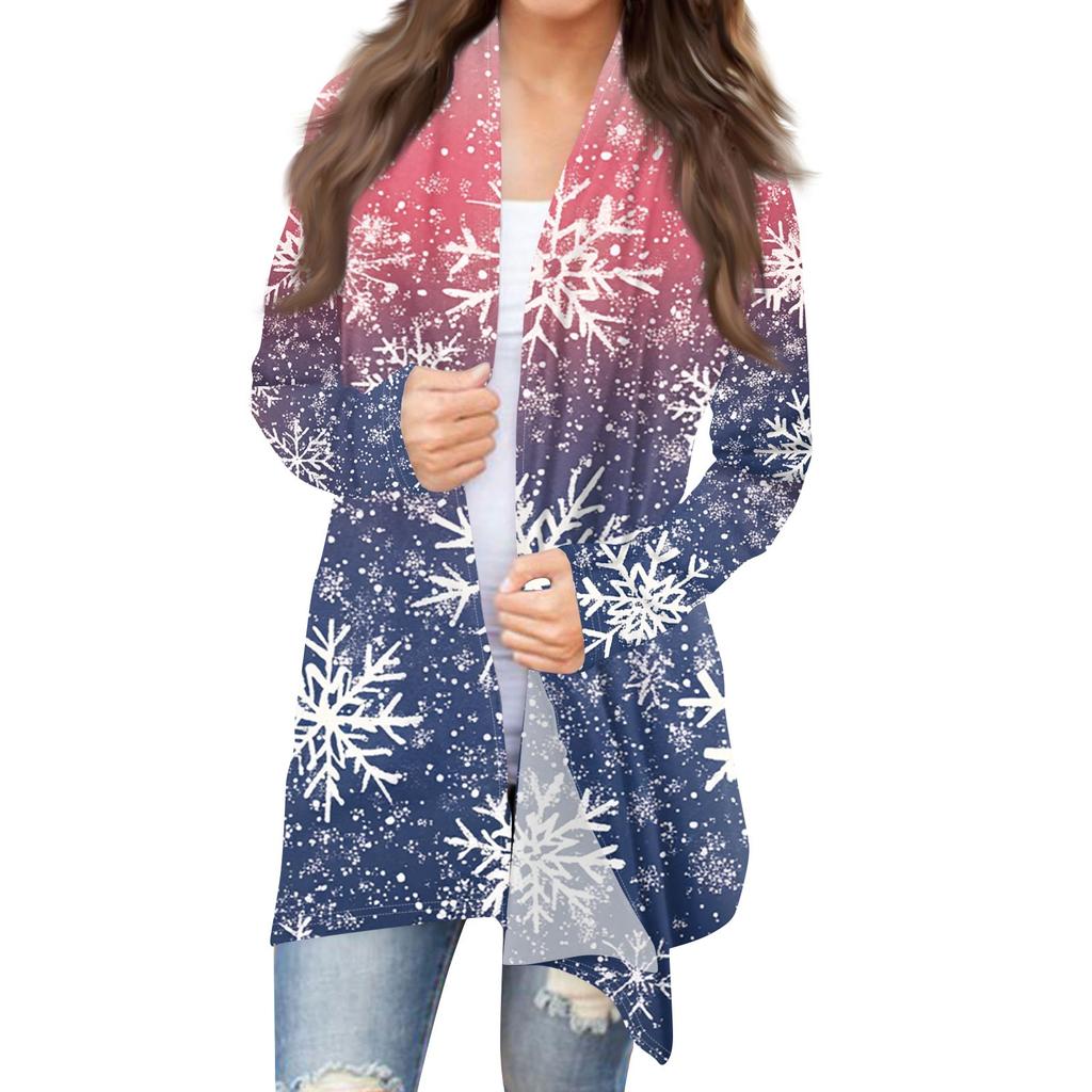 Женская мода повседневная рождественская печать средней длины кардиган куртка пальто