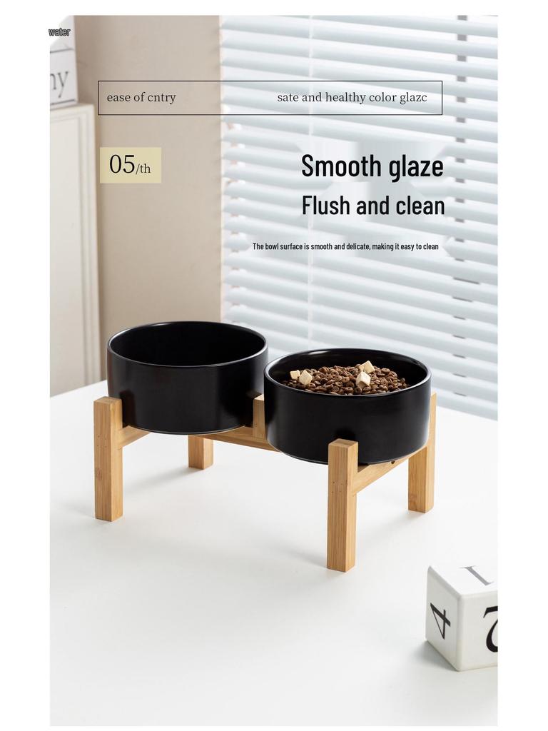 Керамическая миска для корма домашних животных с приподнятой бамбуковой подставкой - Антиопрокидывающаяся конструкция для собак и кошек, Защищает шейный отдел позвоночника