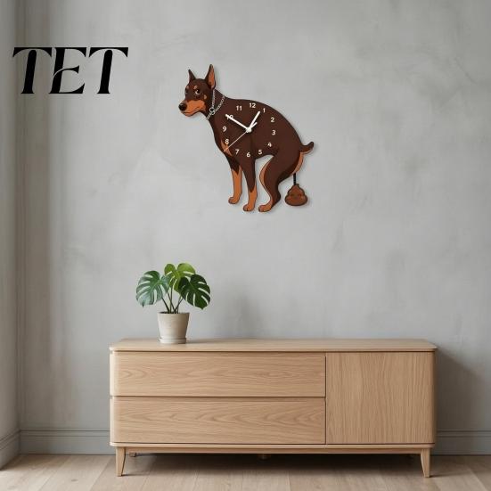 Non Ticking Wall Clock Pooping Dog Clock, Wooden with Swinging Pendulum, Silent Easy Setup for Living Room Home Office, Gift Lover Movement