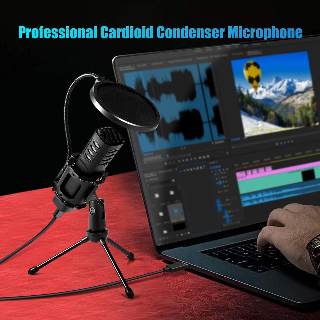 USB-микрофон, кардиоидный конденсаторный микрофон со штативом, поп-фильтр, подвесное крепление для потоковой передачи игр