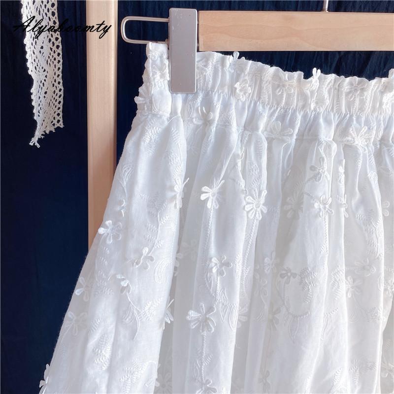 Japanese Mori Girl Summer Women White Skirt High Waist Floral Elegant Skirt Cotton Embroidery Feminine Party Fairy Skirt