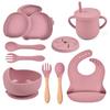 9PCS Rabbit Baby Silicone Tableware Kids Non-slip Sucker Bowl Plate Cup Spoon Fork Sets BPA Free Children's Feeding Dishes Utensils
