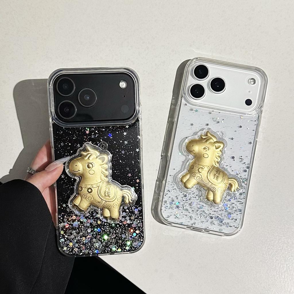 For iPhone 17 Pro Case Sparkling Glitter PC Phone Cover with Golden Horse Ornament