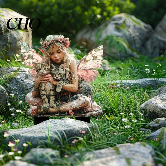 Outdoor Garden Stake Stake, Fairy Cats Shape with 2D Printing, Waterproof Acrylic Realistic Decoration, for Courtyards And Lawn