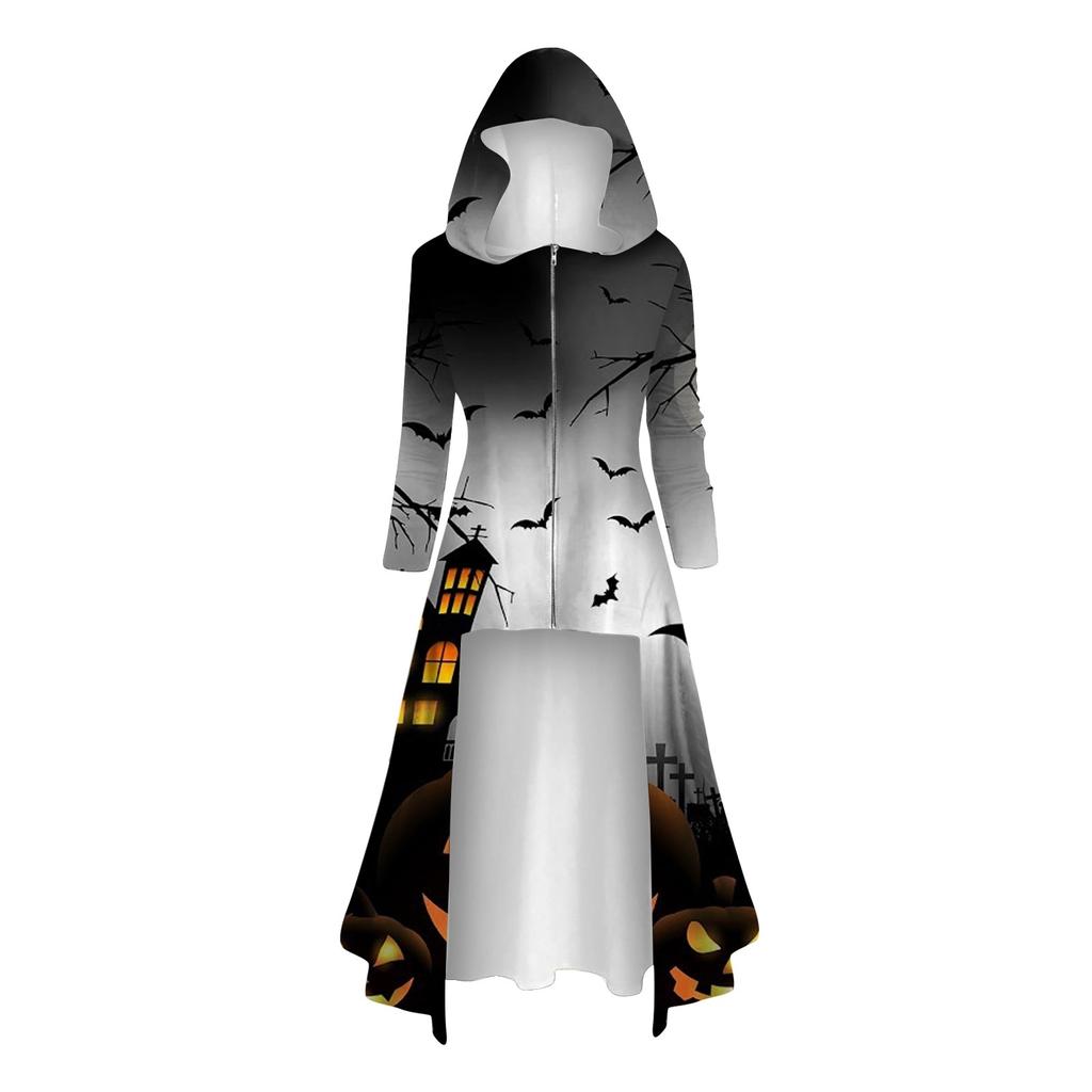 Модные женские топы на Хэллоуин с длинными рукавами и длинными капюшонами, винтажные накидки на молнии, свободные платья