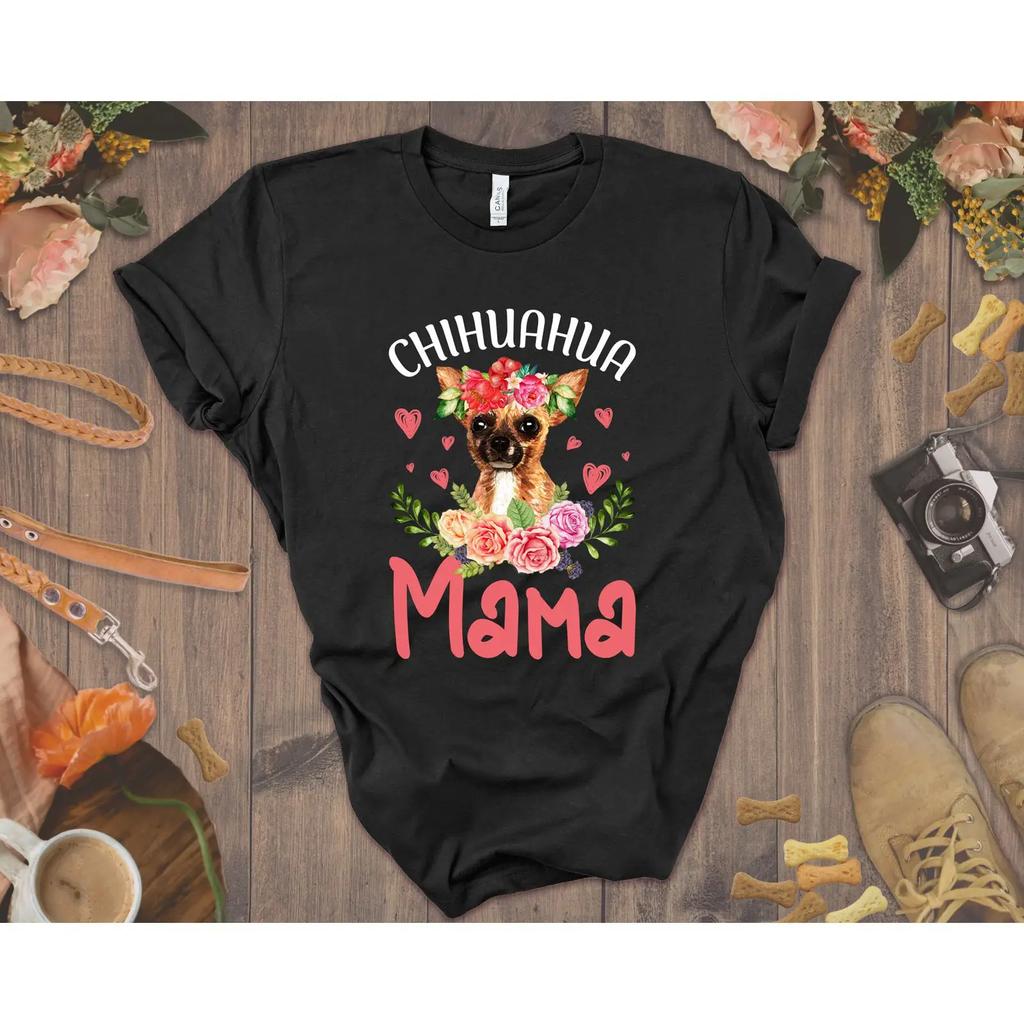 Chihuahua Mama Floral T Shirt Cute Mom for Dog Lover Pet Owner Casual Themed vintage Washed Versatile fashion Unisex