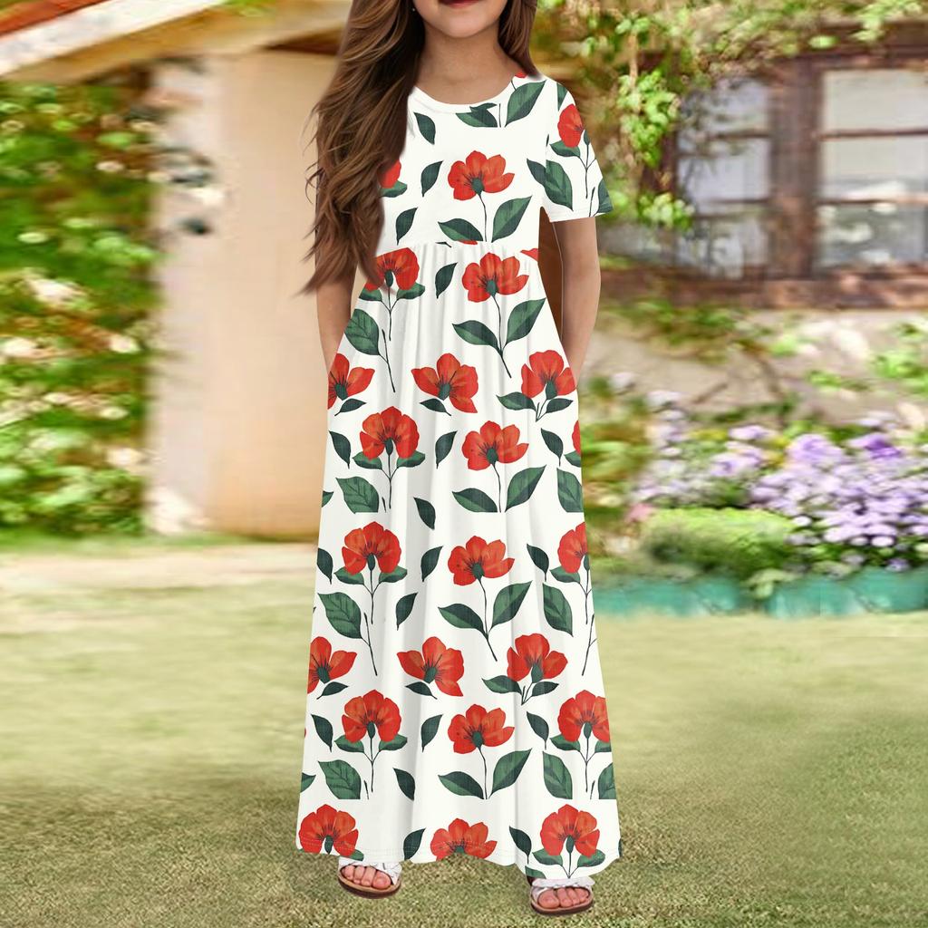 Длинное летнее платье для девочек - платье макси с короткими рукавами и карманами для детей 4-14 лет