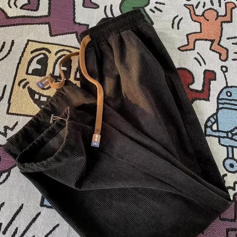 Men's Japanese Retro Corduroy Drawstring Pants - Loose, Wide-Leg, Straight Fit for Spring and Autumn