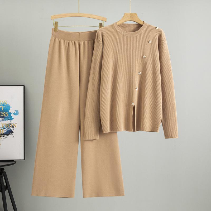 Plus Size Women's Spring New Fashion Knit Retro Casual Wide Leg Pants Two Piece Set