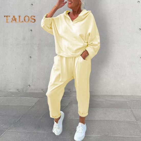 2 шт./комплект женский весна осень топ брюки комплект с капюшоном однотонный длинный рукав толстовка с капюшоном эластичный пояс шаровары спортивный наряд повседневный спортивный костюм