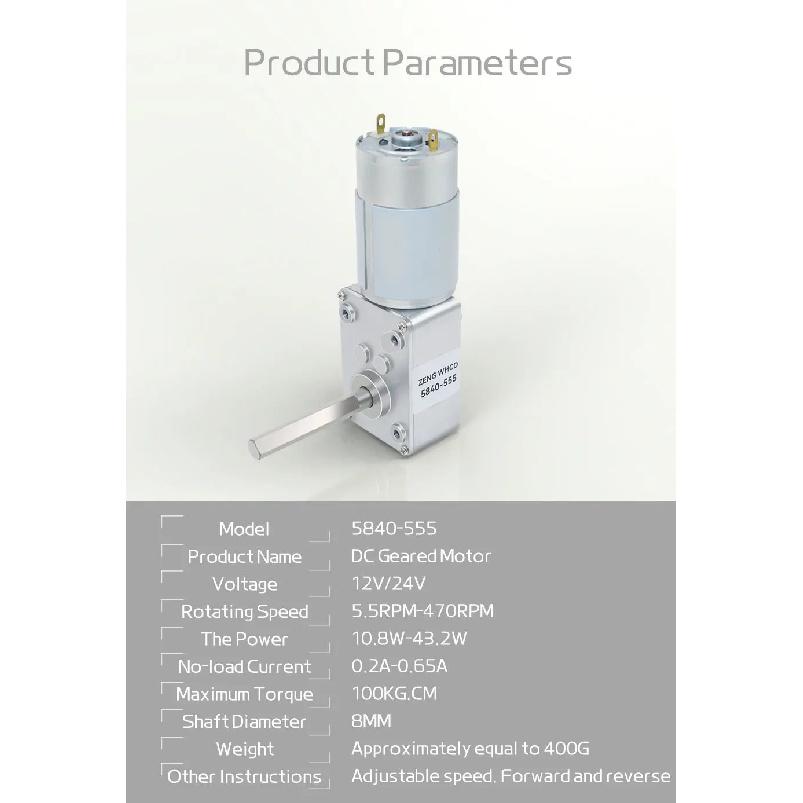 Micro Worm Gear Brushed Motor 5840-555 12v~24v Unidirectional Long D-type Shaft Forward And Reverse Gear Reduction Motor