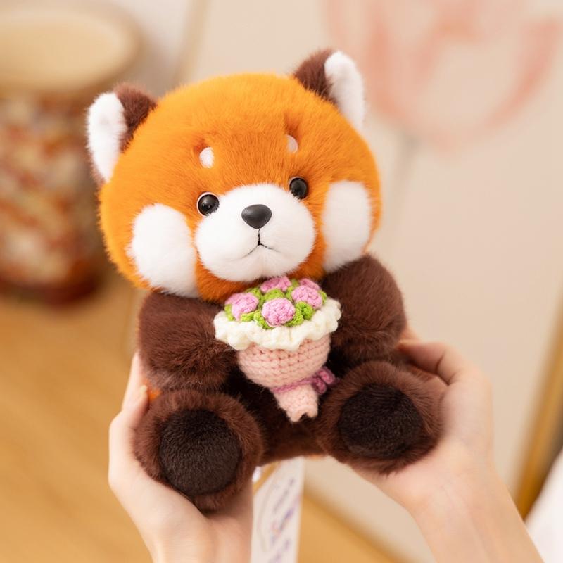 Cute Red Panda Hug Flower Bouquet Stuffed Animals Raccoon Plush Toy Groundhog Plushie Toy Valentine's Day Gift Confession Gift